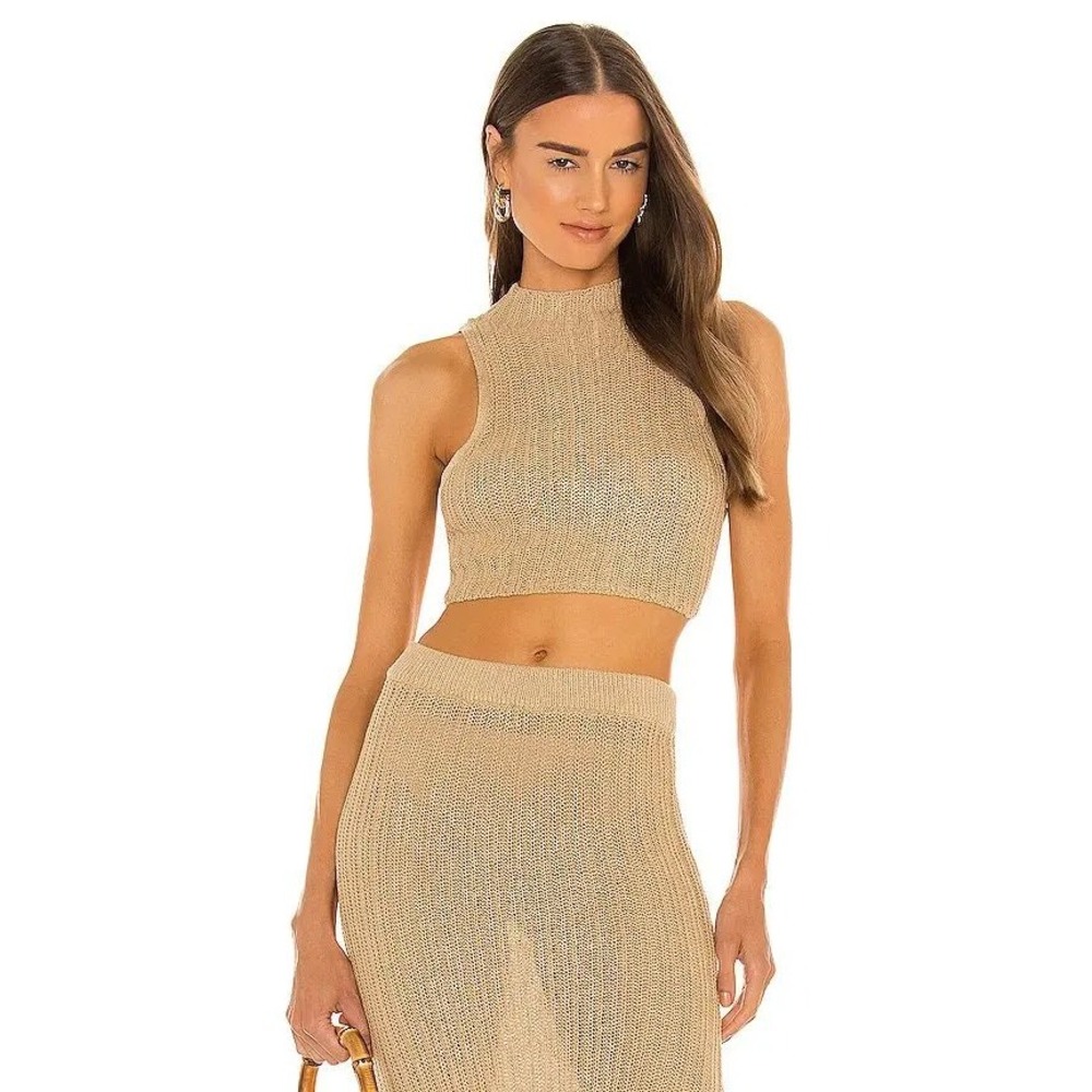 Camila Coelho Cleo Top Womens Medium Tan Knit Cropped High Neck Sleeveless Boho